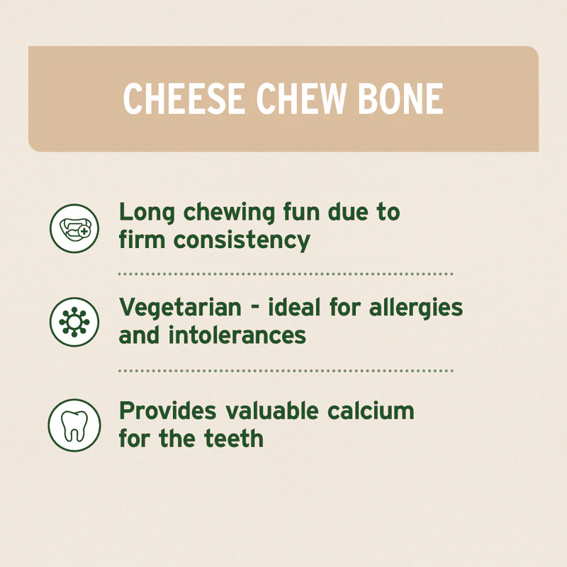 Product description card for a cheese chew bone with benefits listed.