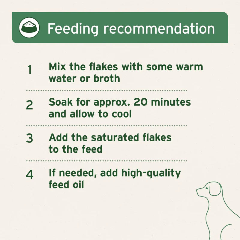 Feeding recommendation card for pet food with steps and a green border.