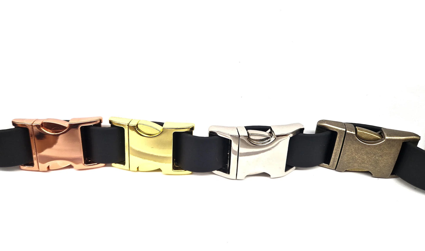 Dog Collar metal clasp colour options. Brass, Stainless Steel, Antique Brass, Rose Gold