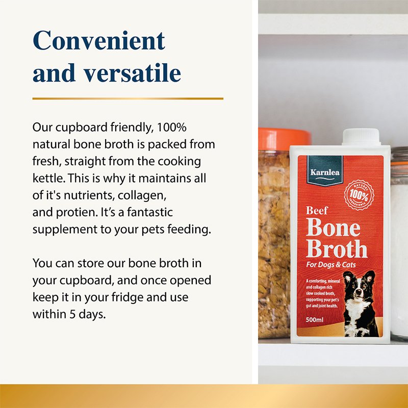 Karnlea Venison Bone Broth packaging for dogs and cats on a shelf with text about its convenience and versatility.