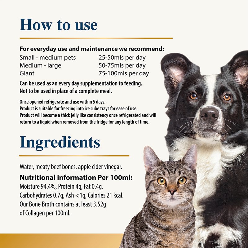 Bone Broth Pet supplement information with two dogs and a cat on a white background