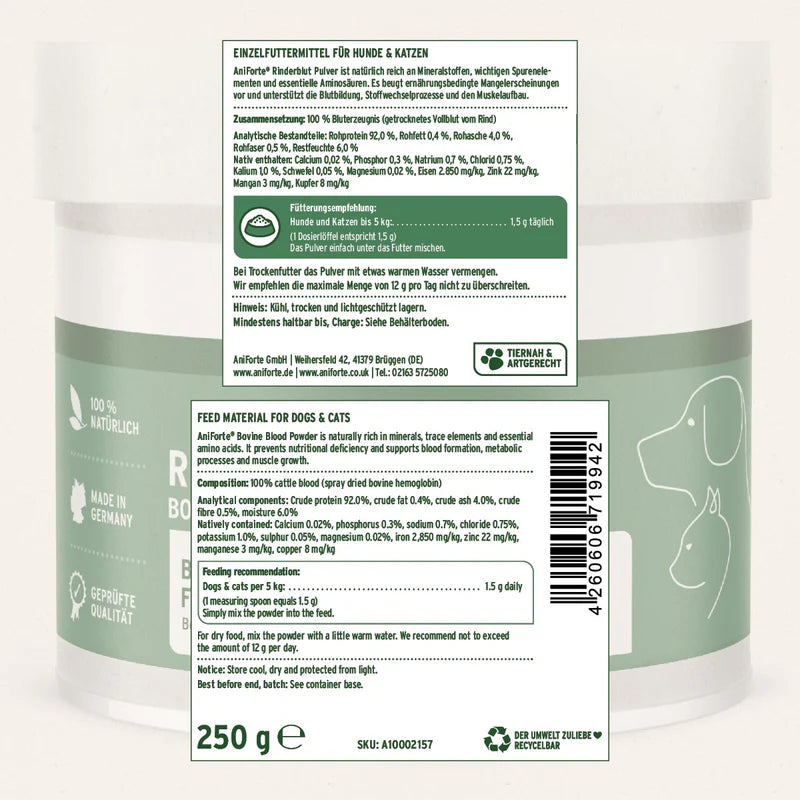 Bovine Blood pet food label