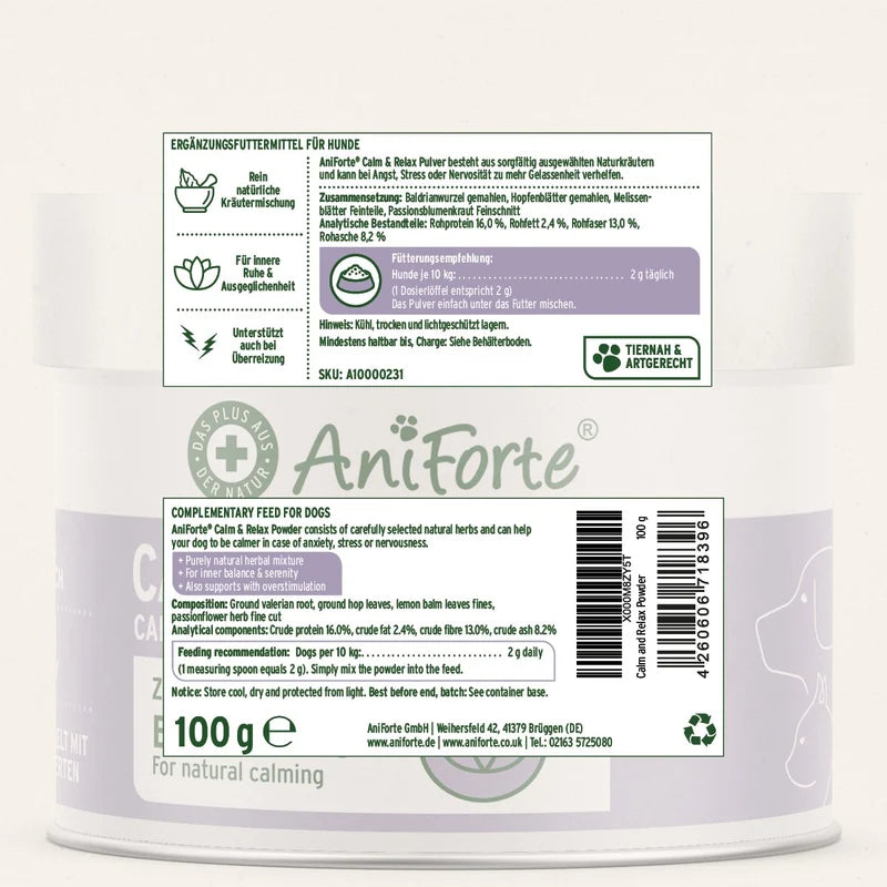 Natural Calm & Relax Powder for Dogs | AniForte- Ingredients 100g
