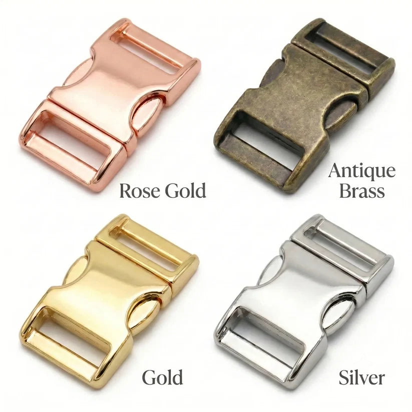 Four metal buckles in rose gold, antique brass, gold, and silver on a white background.