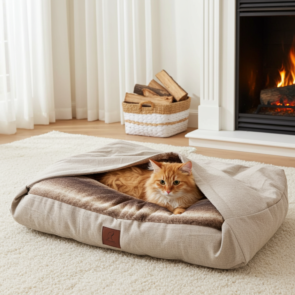 Cat lying on a cosy pet bed in a warm living room with a fireplace.