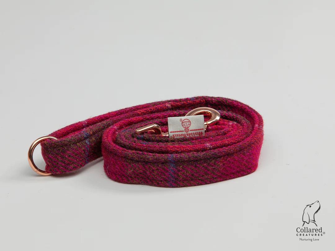 Harris Tweed dog lead deep fuchsia 