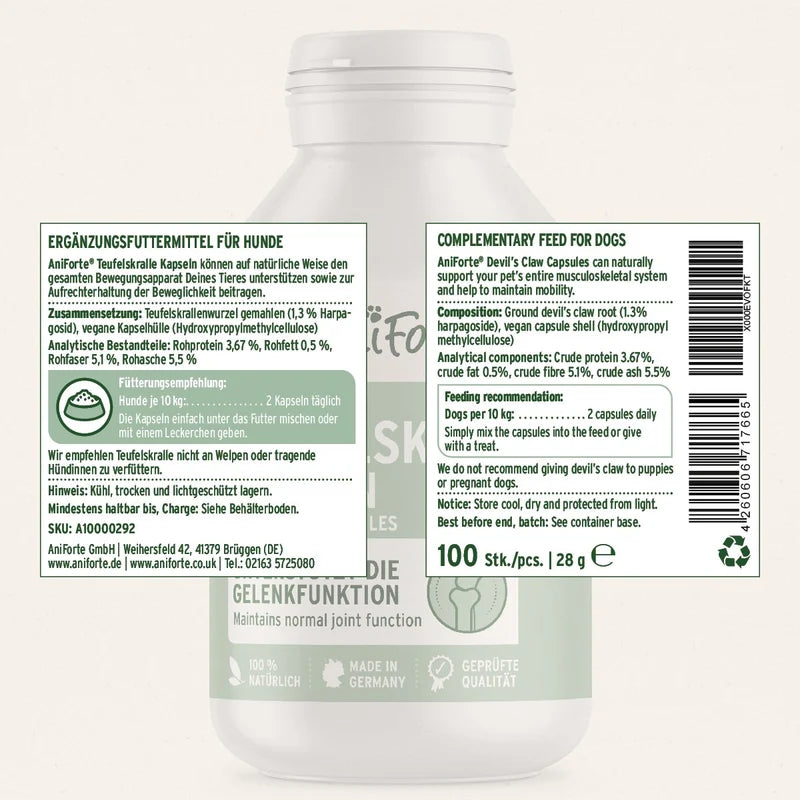 The back of a white bottle of Anfioür Devil's Claw Capsules for dogs, showing the German supplement label with product details, feeding recommendations, and a barcode on a light gray background.