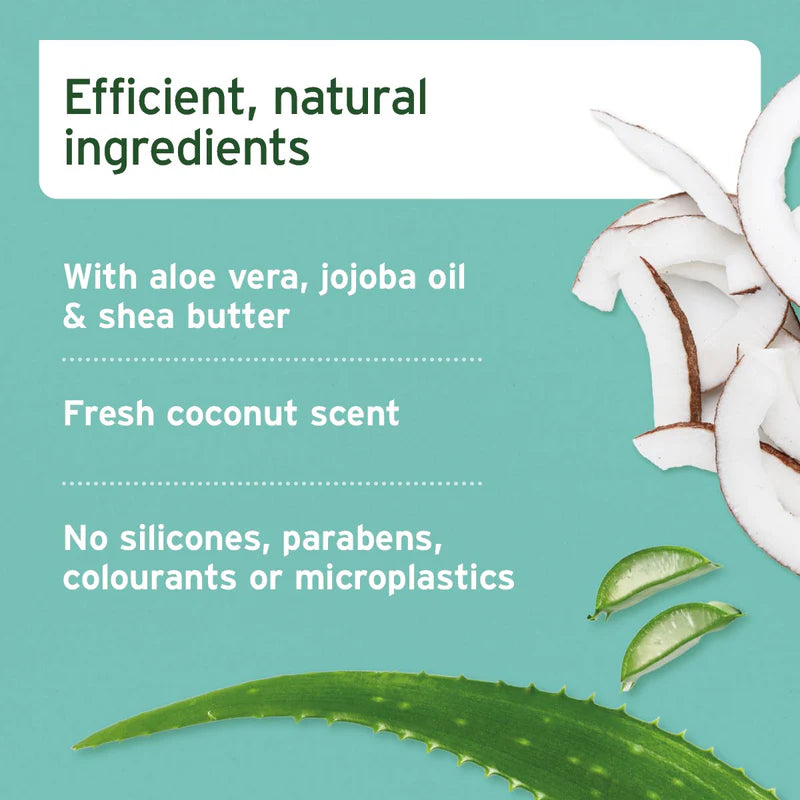 Product label with aloe vera, jojoba oil, shea butter, and coconut elements on a teal background.