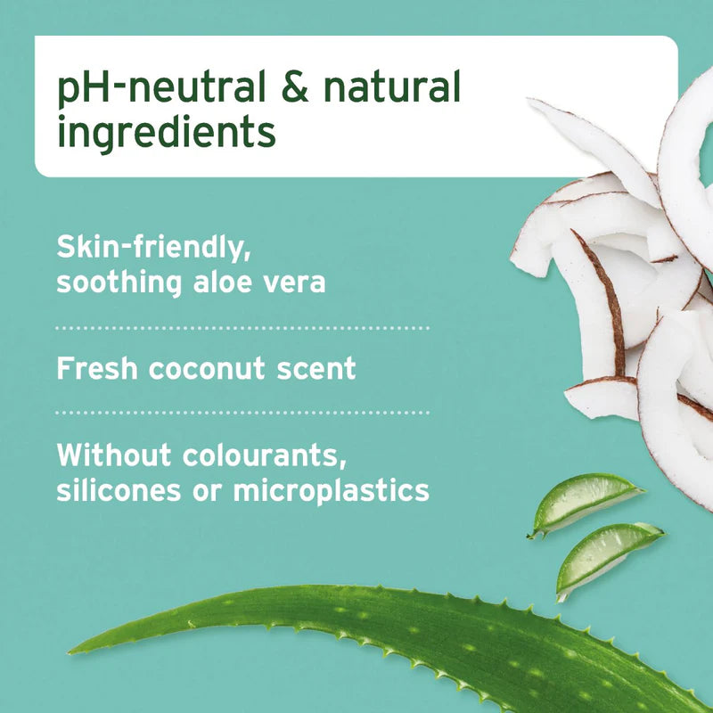 Product packaging with aloe vera leaves, coconut, and text on a teal background