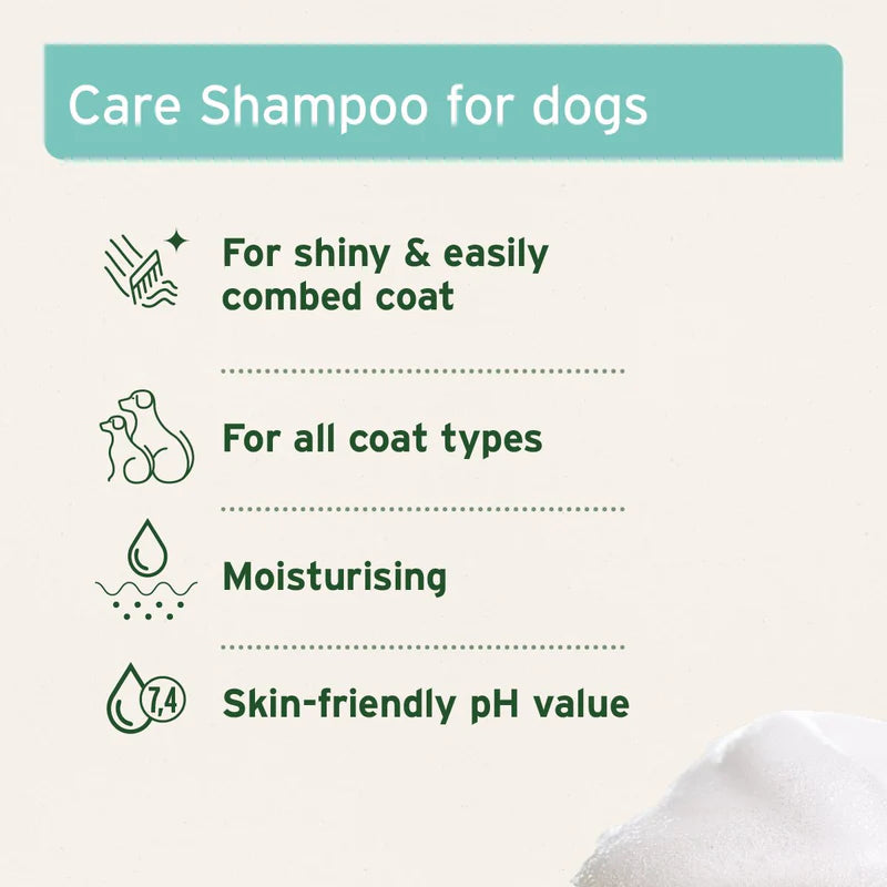 Care Shampoo for dogs with benefits listed on a white background