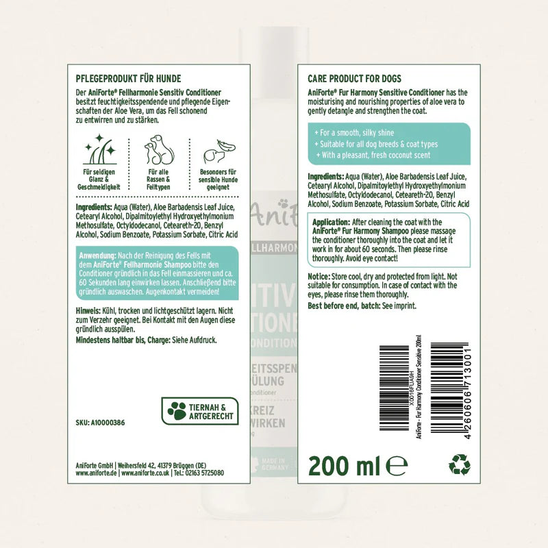 Fur Harmony Sensitive Dog Conditioner with aloe vera. pH-neutral, gentle detangling care for sensitive skin. Soft, shiny coat. No parabens or silicones.