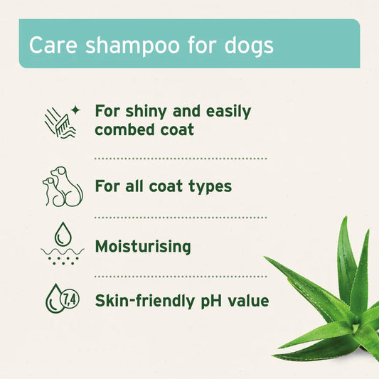 Care shampoo for dogs with benefits listed and aloe vera leaf on a light background