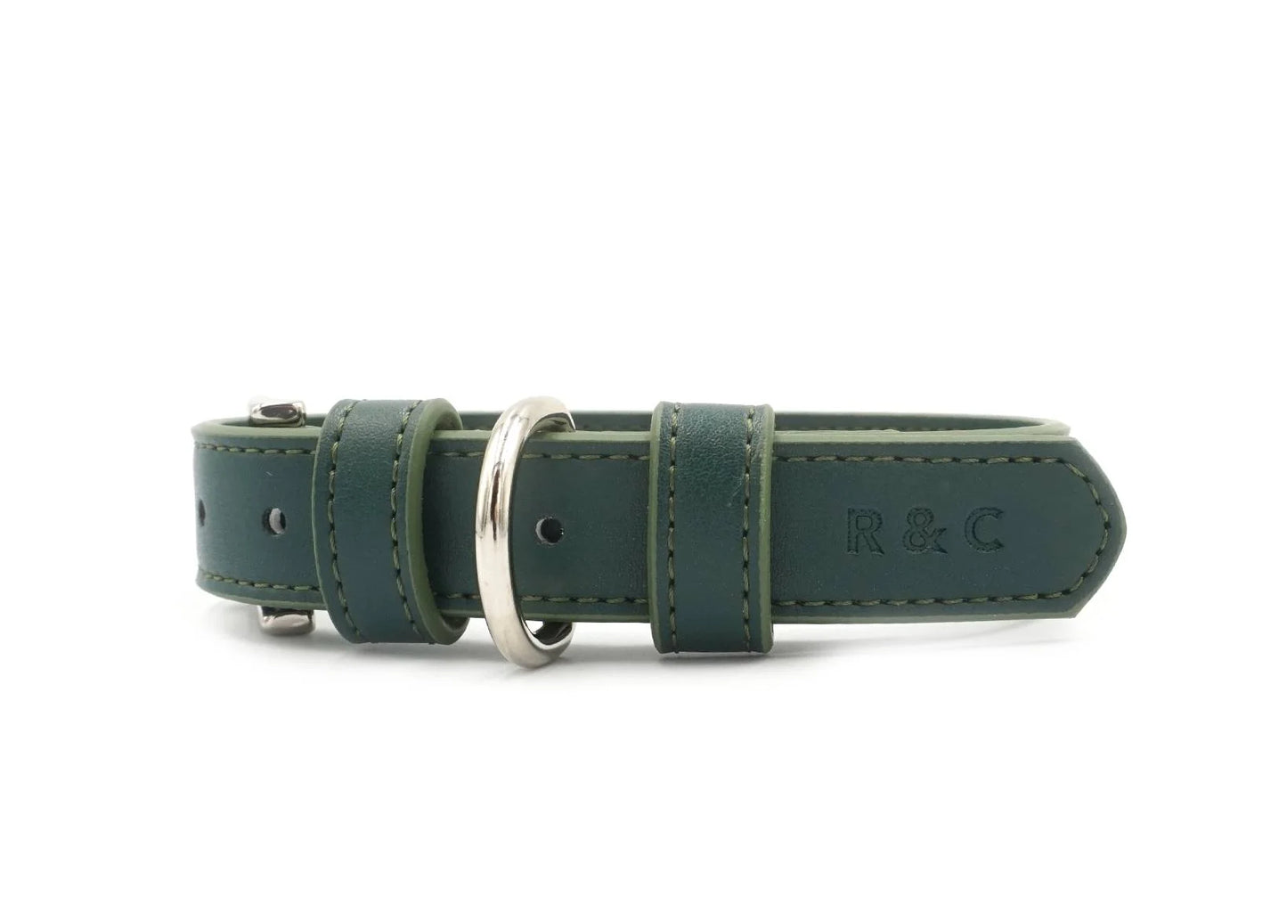 Bottle Green vegan leather dog collar with silver ring on a white background