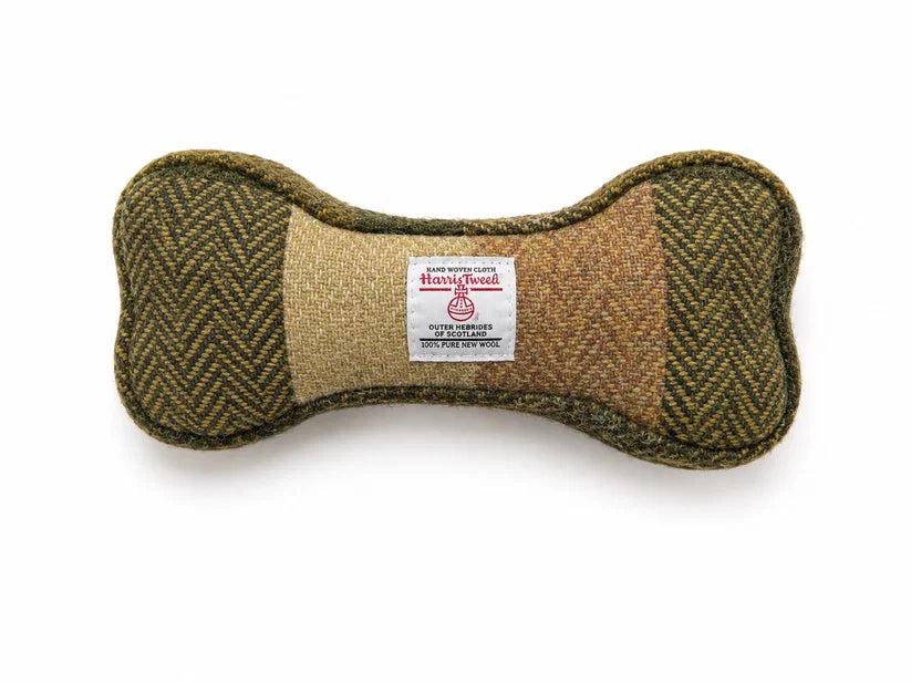 Harris Tweed Bone Dog Toy Green Block Check with our without a squeak
