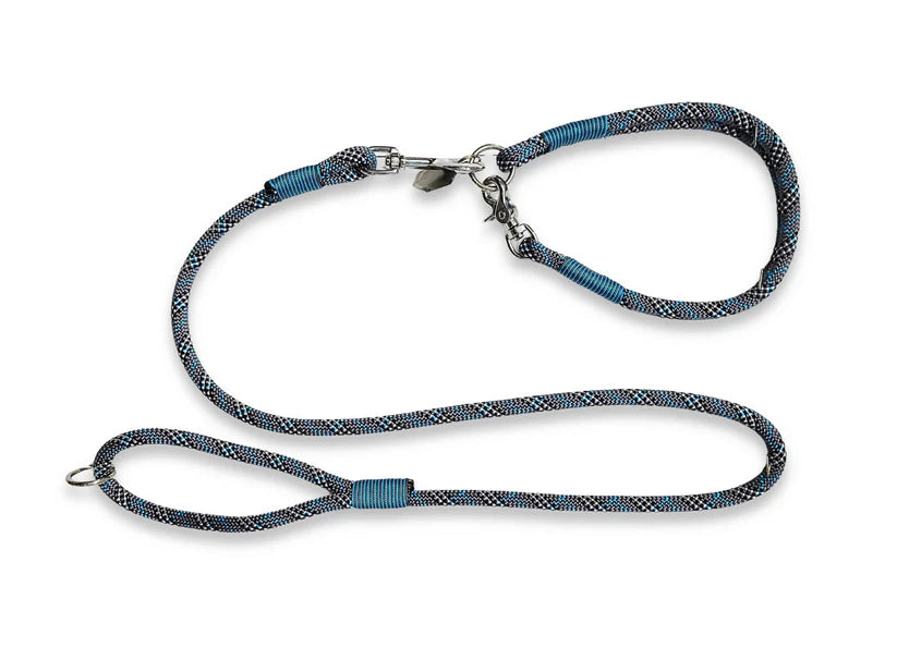Grey and blue tartan rope collar and lead