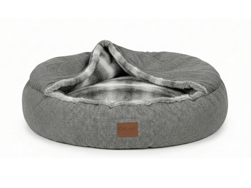 Collared Creatures Classic Cocoon Bed Grey with grey 2 toned faux fur lining