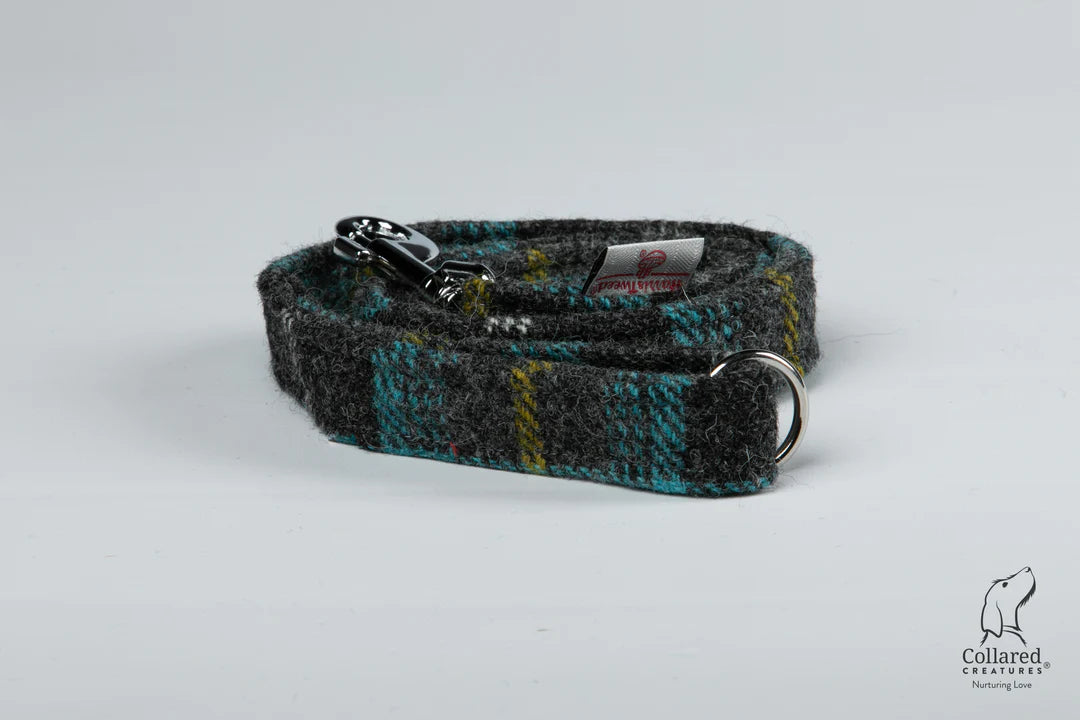 Harris Tweed dog lead grey & blue check