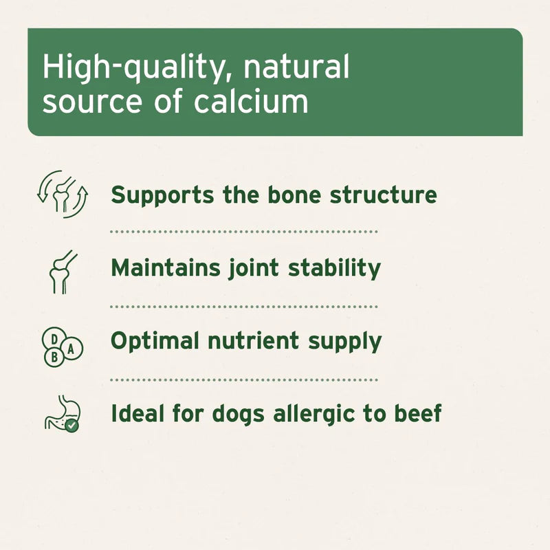 Text detailing the benefits of a high-quality, natural source of calcium for dogs and cats