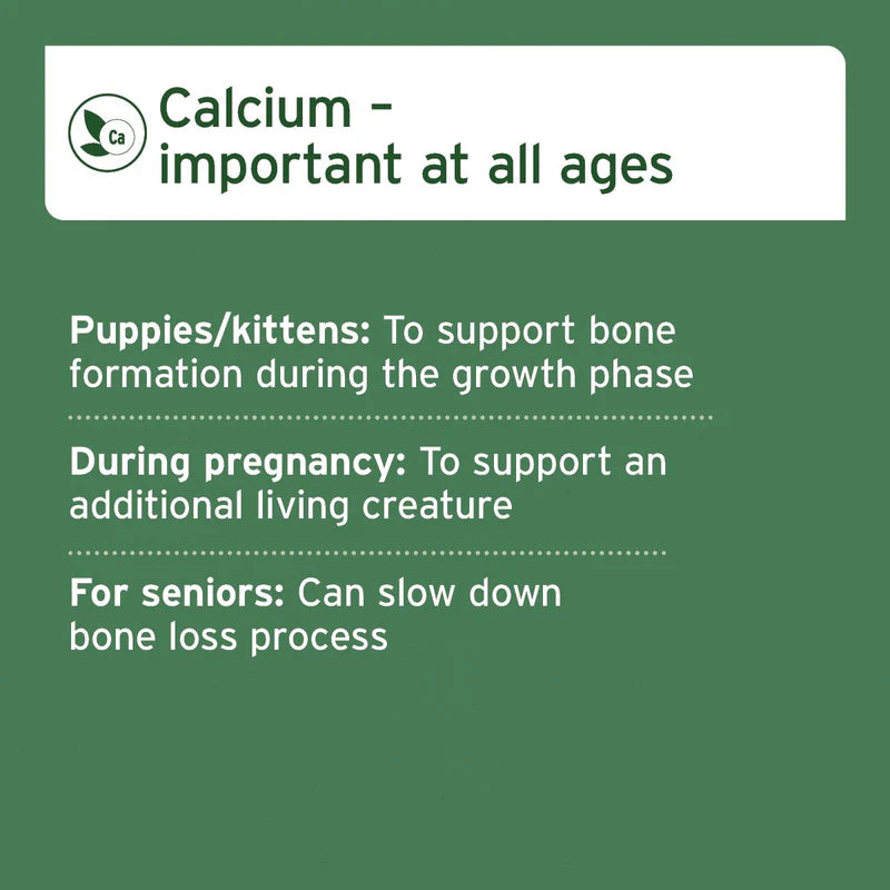  the importance of calcium for puppies/kittens, during pregnancy, and for seniors.