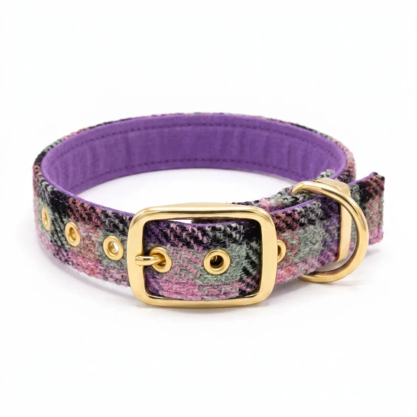 Rose & Amethyst Harris Tweed Buckle Dog Collar | Luxury Handmade