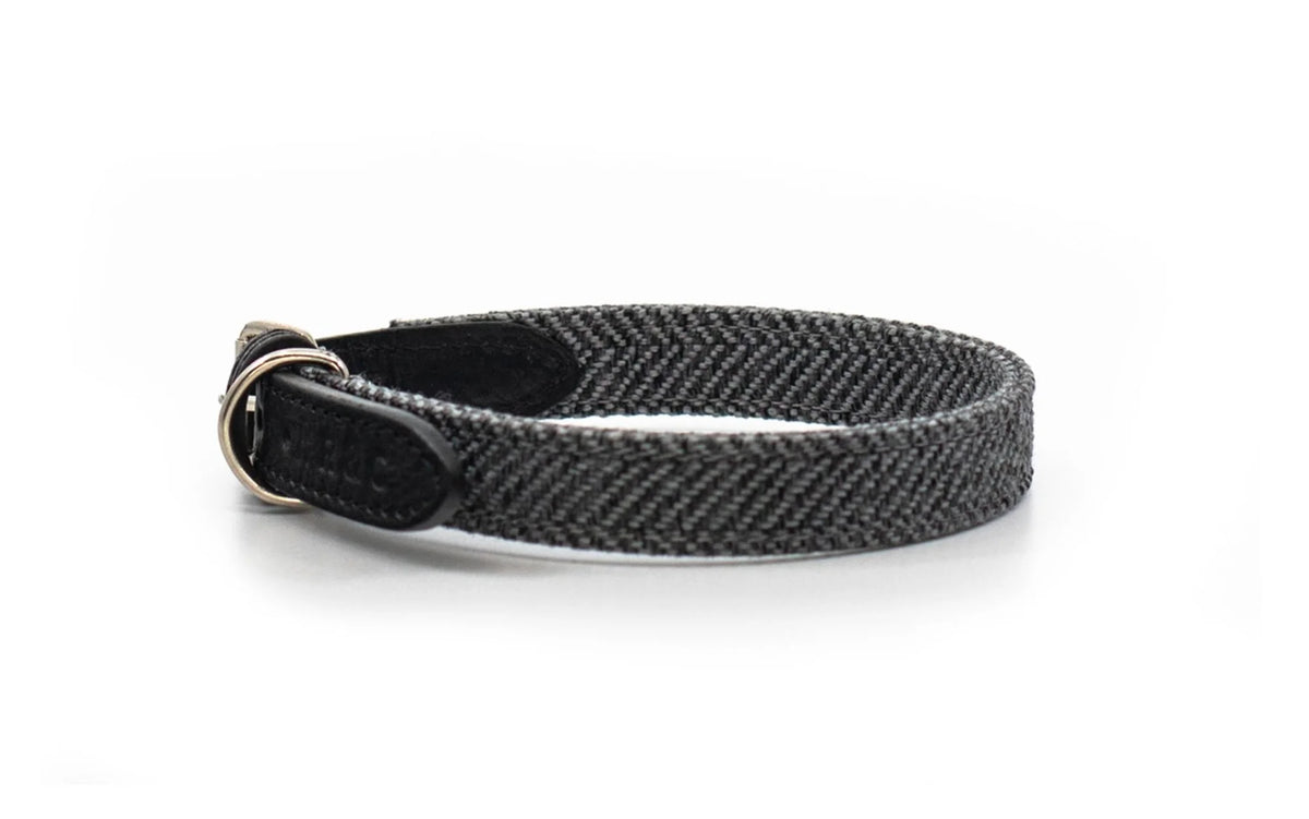 Black Luxury Herringbone & Leather Dog Collar  