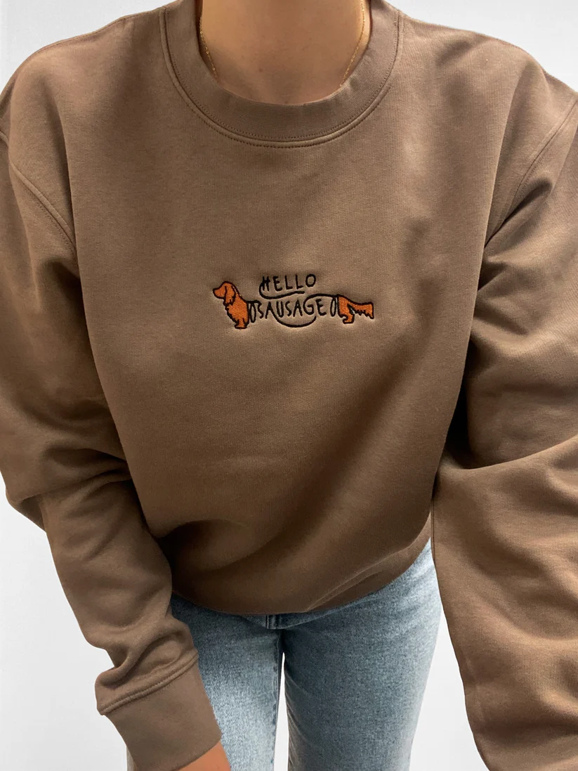 Hello Sausage Dachshund Sweatshirt – Mocha by Adorable Pooch