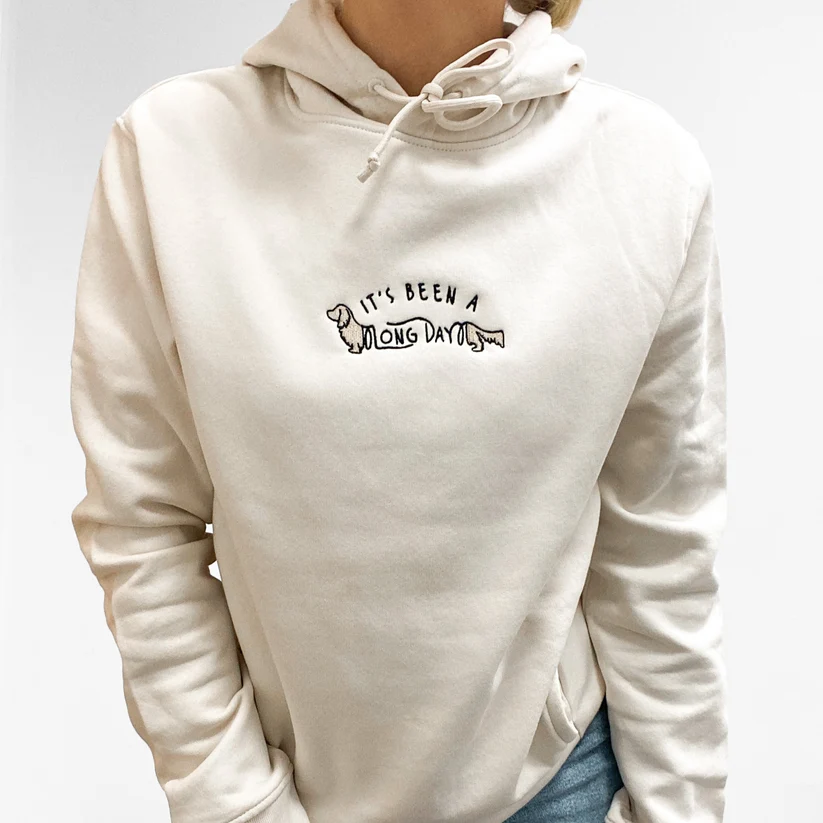 Adorable Pooch Hoodie It’s Been a Long Day Dachshund  Embroidered Hoodie - Ecru