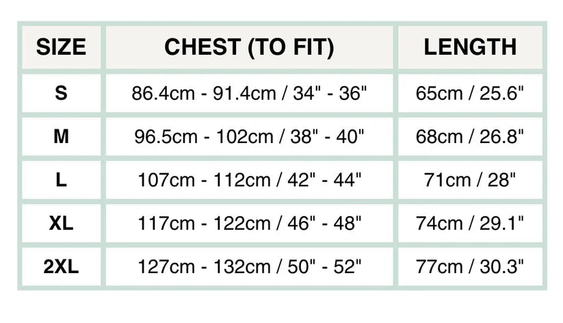 A size chart table showing chest measurements in centimeters and inches for sizes S, M, L, XL, and 2XL, alongside length measurements.