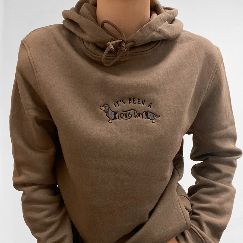 Adorable Pooch It’s Been a Long Day Dachshund Hoodie | Embroidered Hoodie - Mocha