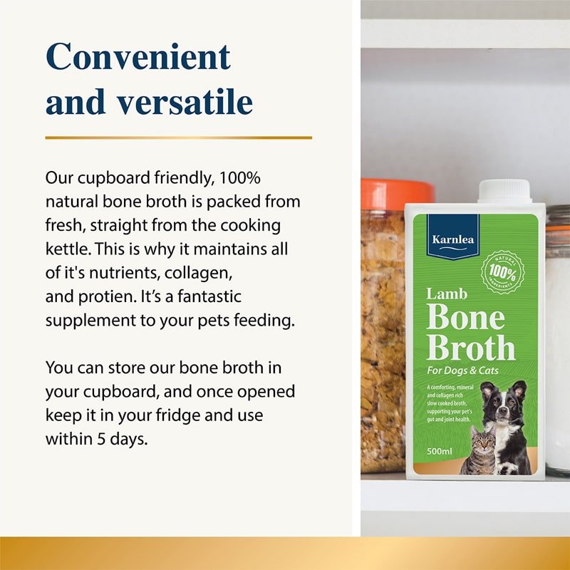 Karnlea Lamb Bone Broth packaging on a shelf with text about its convenience and versatility.