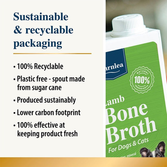 Karnlea Lamb Bone Broth packaging with sustainability features highlighted