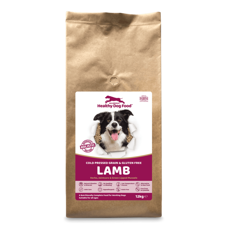 Salubrious Working Dog Food, grain and Gluten Free. Environmentally friendly packaging