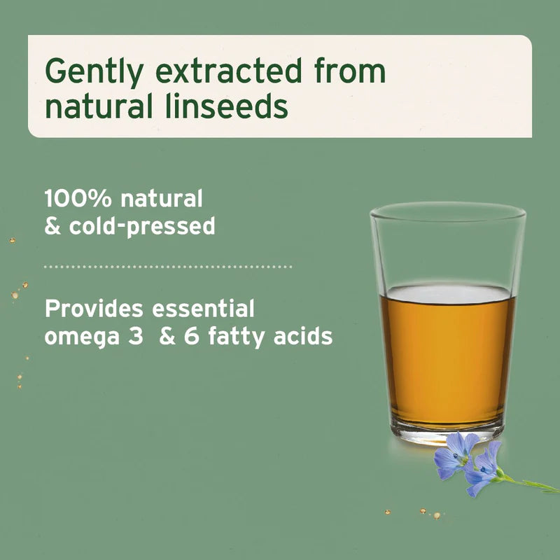 Flaxseed / Linseed oil with text about its natural extraction and health benefits 