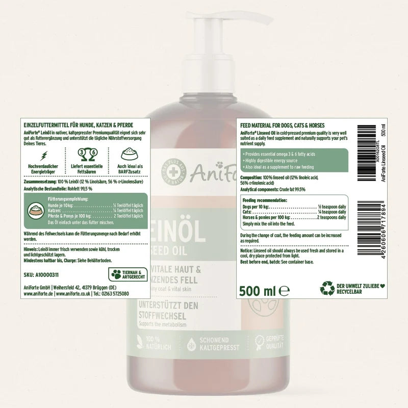 A 500 ml bottle of Antifallens Bed Oil shown from the back, featuring a large white label with German text, ingredients, usage instructions, and a barcode on a light beige background.