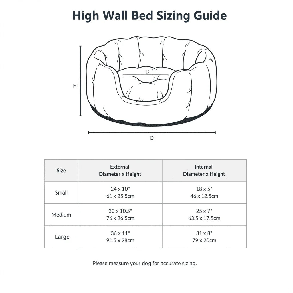 A high wall bed sizing guide diagram with a line drawing of a pet bed showing dimensions labeled H and D, plus a size table listing small, medium, and large measurements in inches and centimeters.