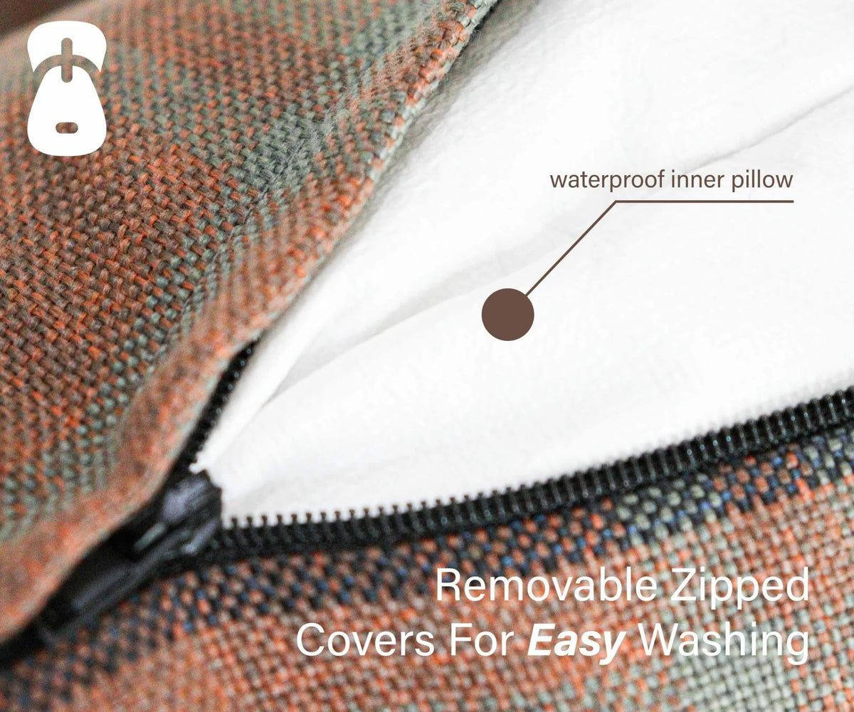 Close-up of a zippered product cover with waterproof inner pillow feature and text.