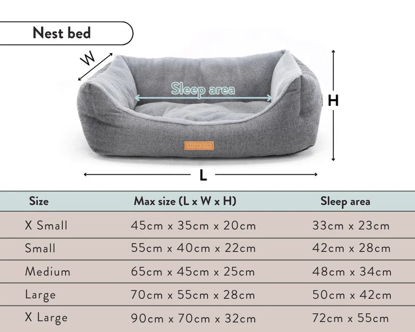Gray pet nest bed with dimensions and sleep area details on a white background