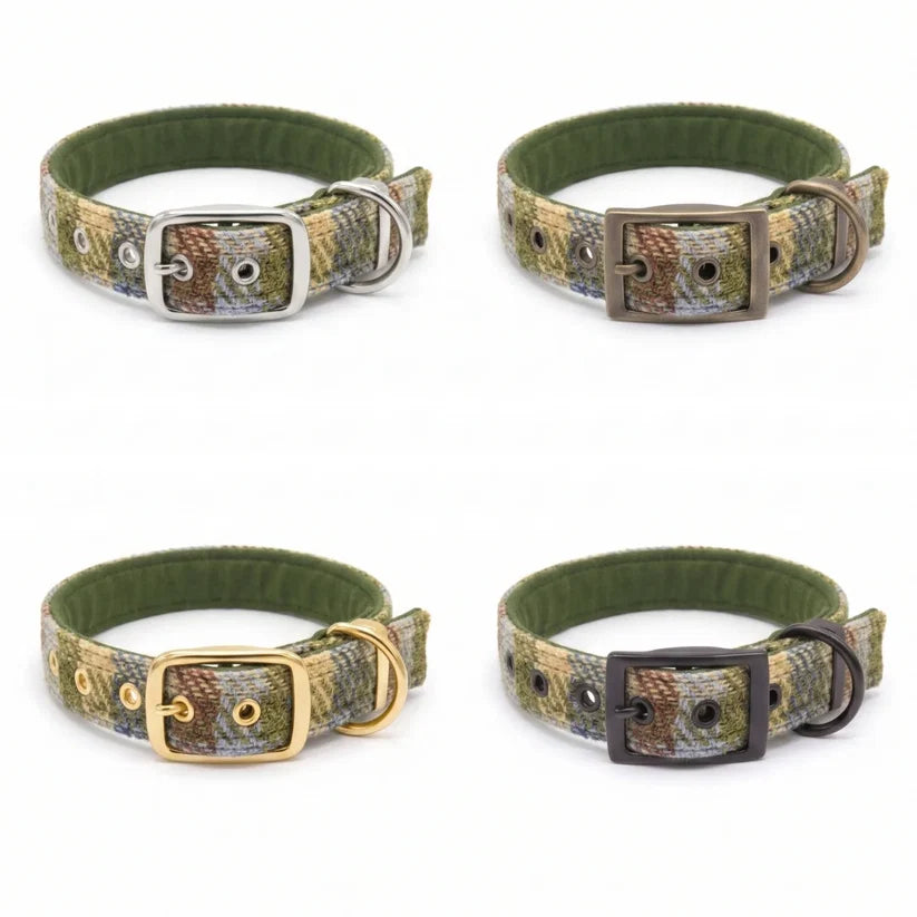 Moorland Country Check Harris Tweed Buckle Dog Collar, 4 Buckle options available