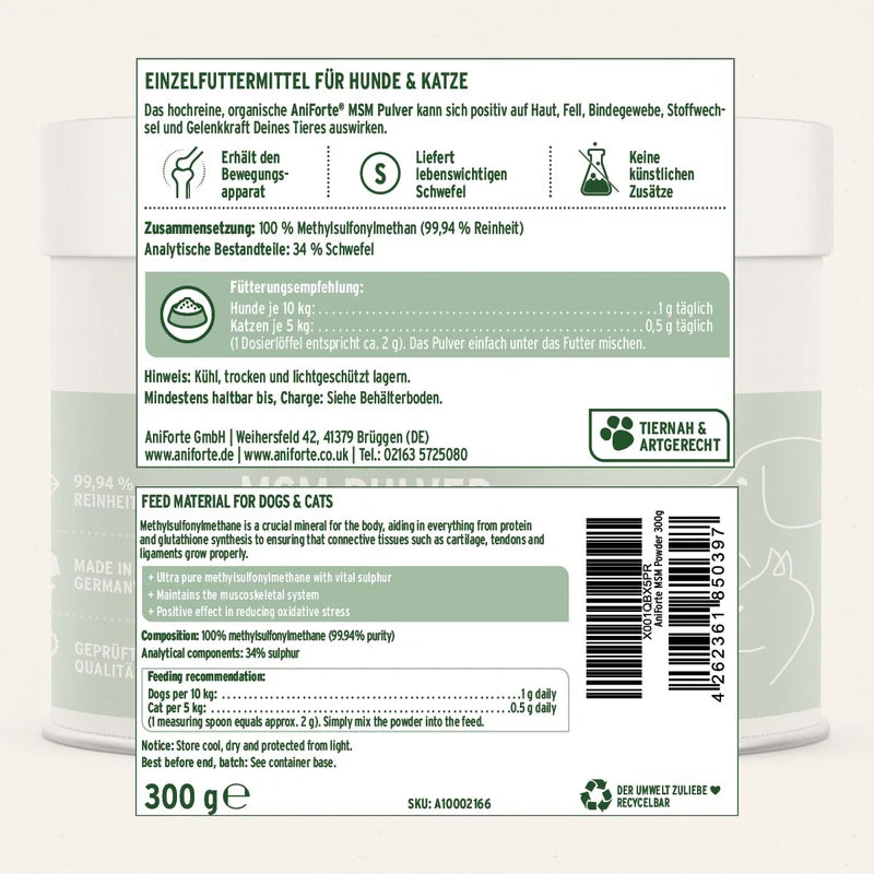 Aniforte MSM for Dogs and Cats back label ingredients and nutritional values
