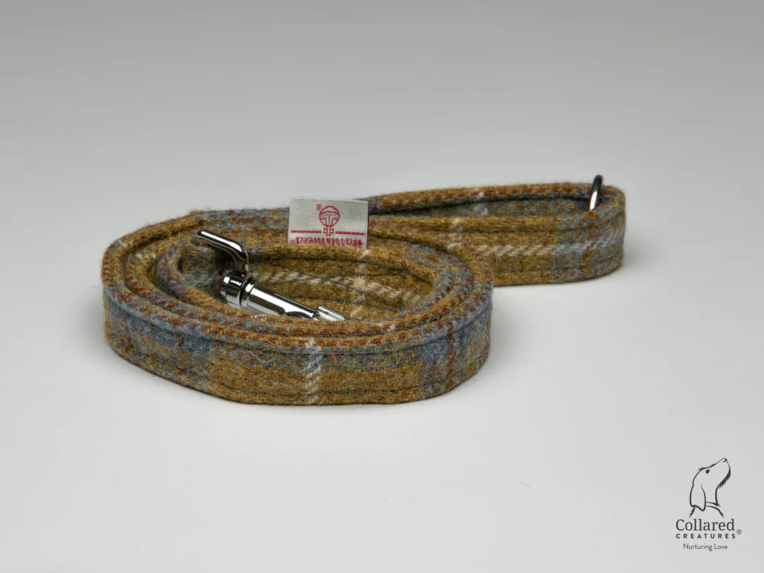 Harris Tweed Mustard & Blue Check dog lead