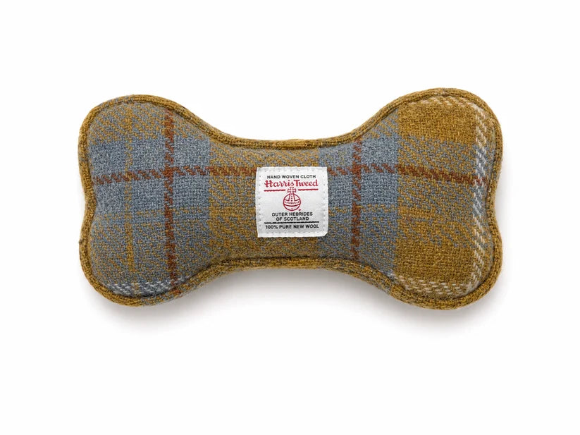 Harris Tweed Bone Dog Toy Mustard & Blue Check