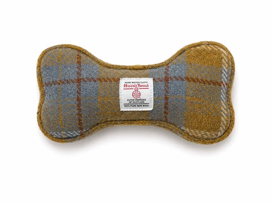 Harris Tweed Bone Dog Toy Mustard & Blue Check
