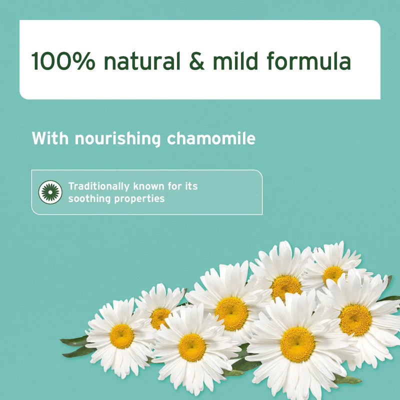 White daisies with yellow centers on a teal background, promoting a 100% natural and mild formula with nourishing chamomile.