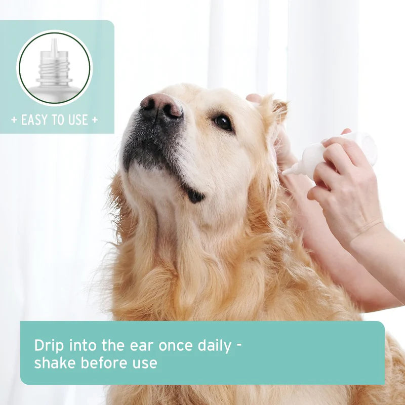 Dog being given ear drops with text on easy use and usage instructions.