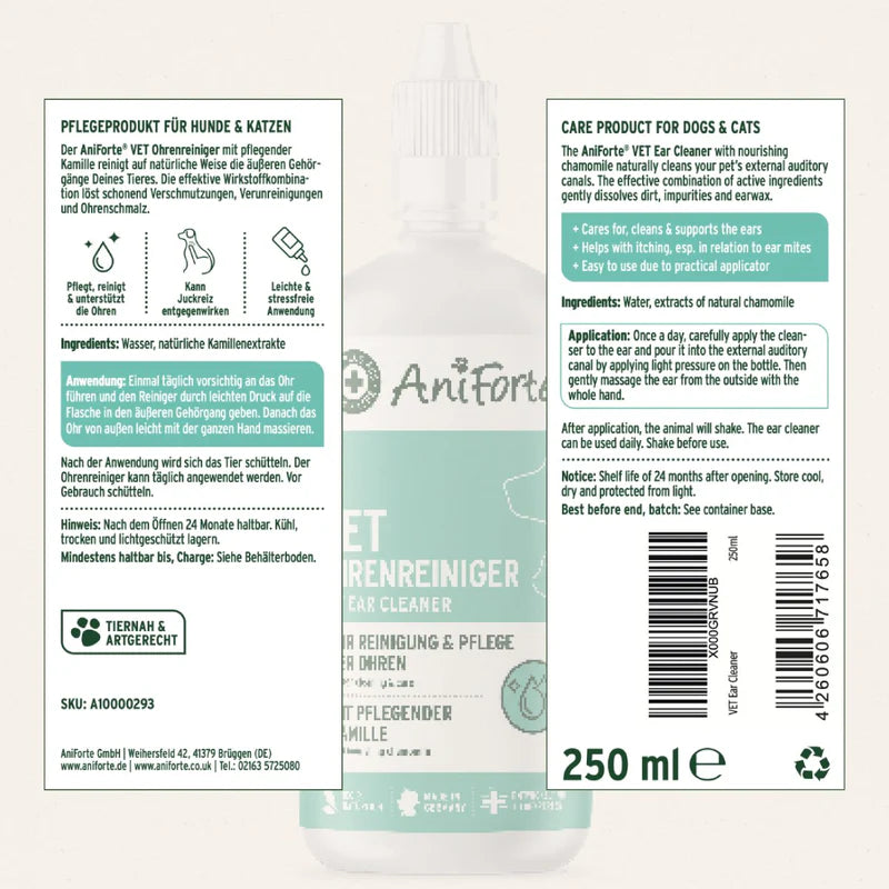 AniForte Natural Dog & Cat Ear Cleaner with Chamomile | 250ml bottle with label on a white background