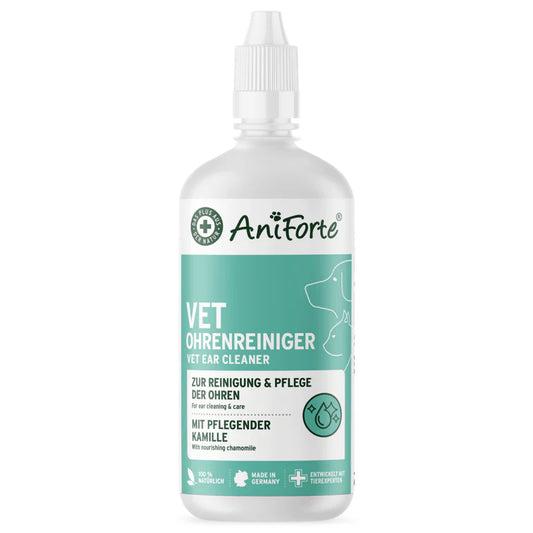 Aniforte Natural dog and cat ear cleaner with soothing chamomile. Removes wax, dirt and debris, relieves itching and supports healthy ears. 250ml.