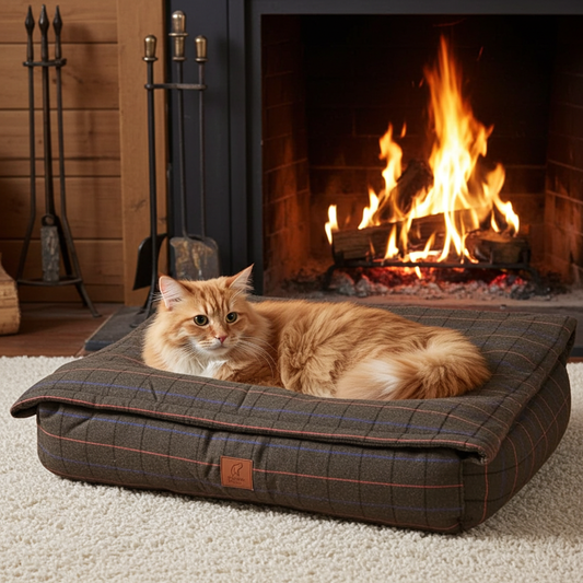 Cat lying on a tweed snuggle sack blanket pet bed in front of a fireplace