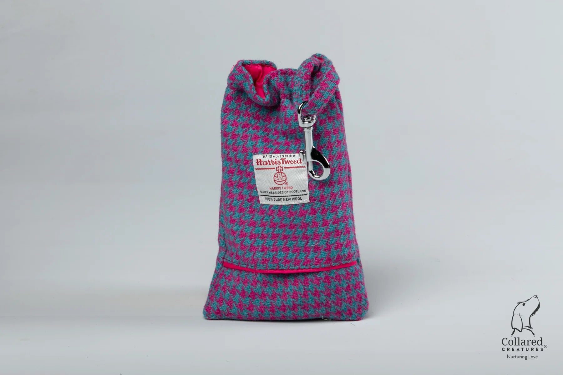 Harris Tweed dog Treatbag Turquoise & Pink Houndstooth