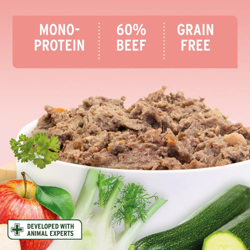 Beef product with health benefits text on a pink background