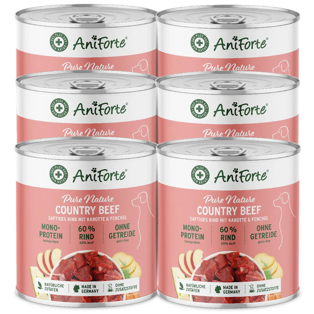 Six cans of AniForte Pure Nature Country Beef pet food 